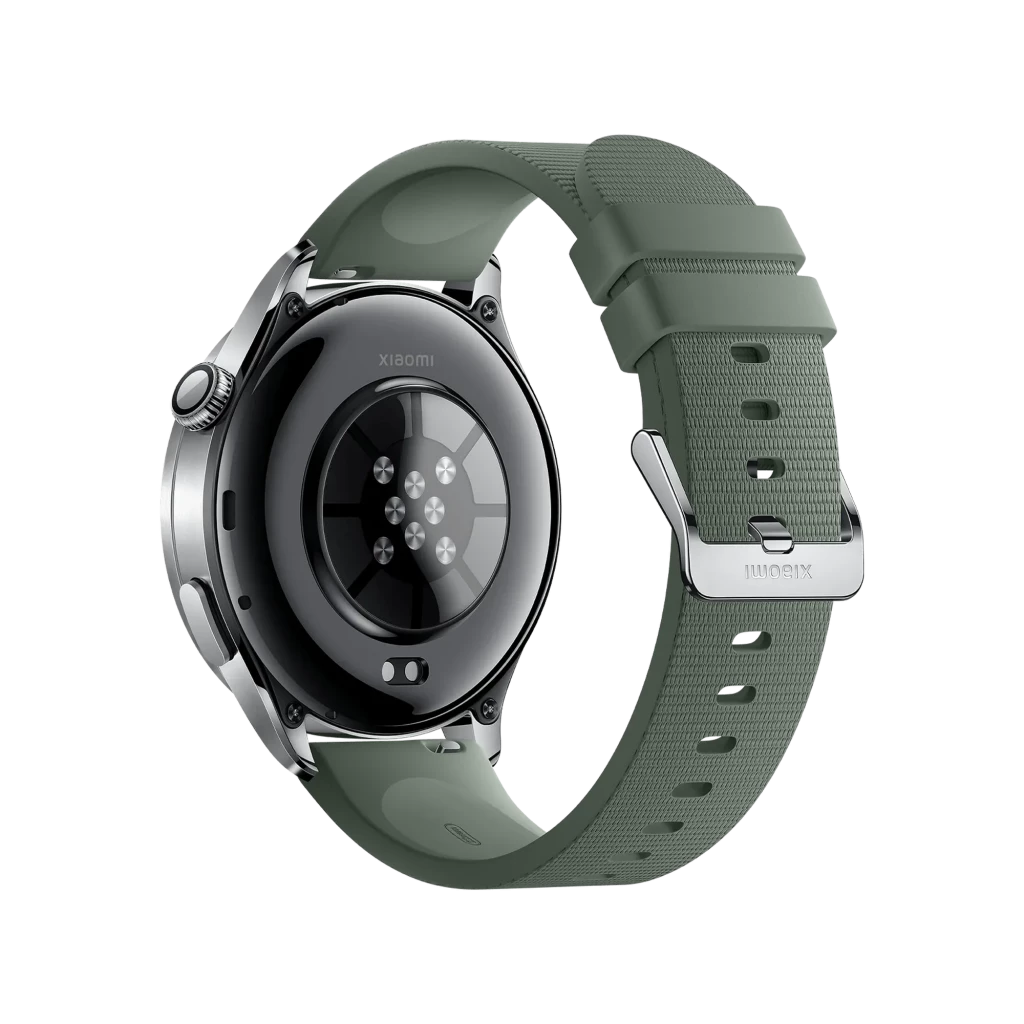Xiaomi Watch 5 Verde Enebro con correa de silicona texturizada, hebilla metálica y sensores cardíacos traseros en módulo circular de acero pulido