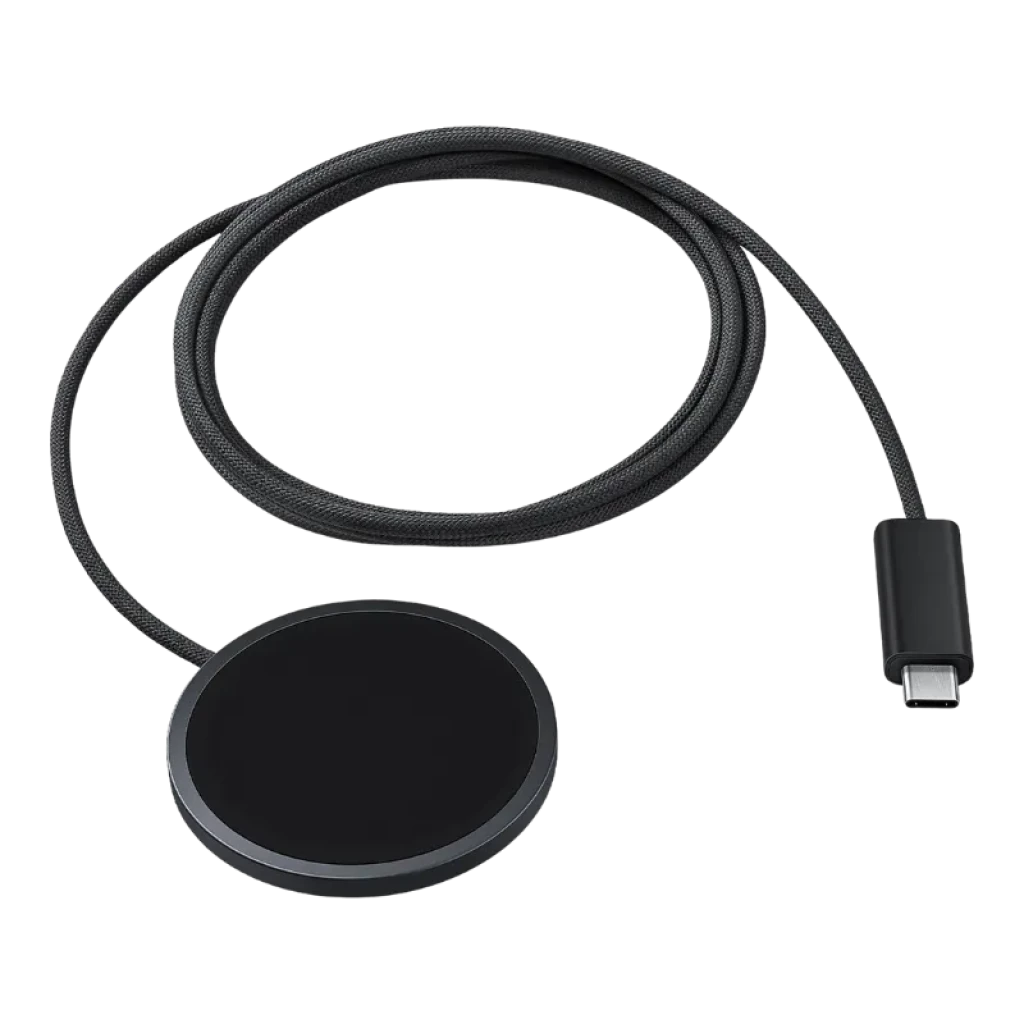 Samsung EP-P2900BBE Gris Oscuro 25W, base de carga inalámbrica circular con acabado mate y borde metálico, cable trenzado USB-C integrado y diseño compacto