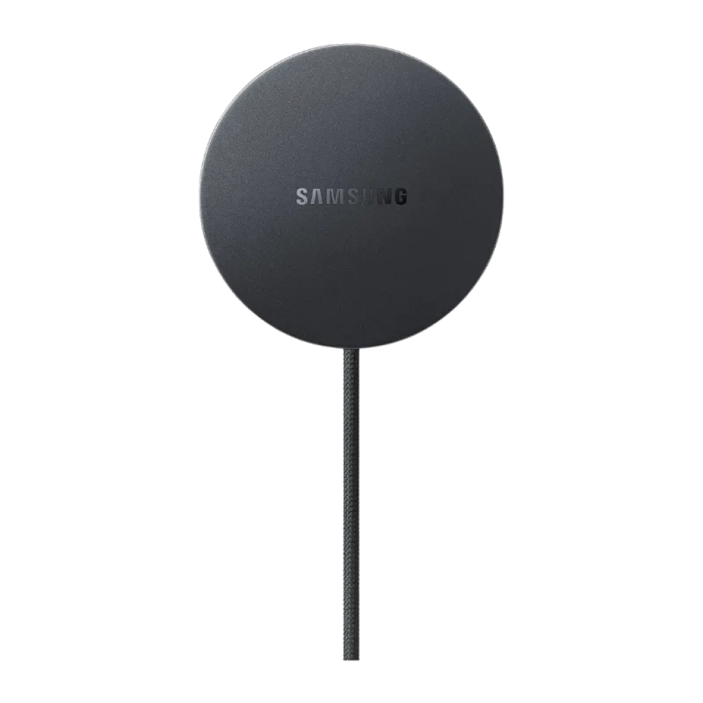 Samsung EP-P2900BBE Cinza Escuro 25W base de carregamento sem fios circular, acabamento mate, logótipo Samsung centralizado, cabo integrado trançado preto