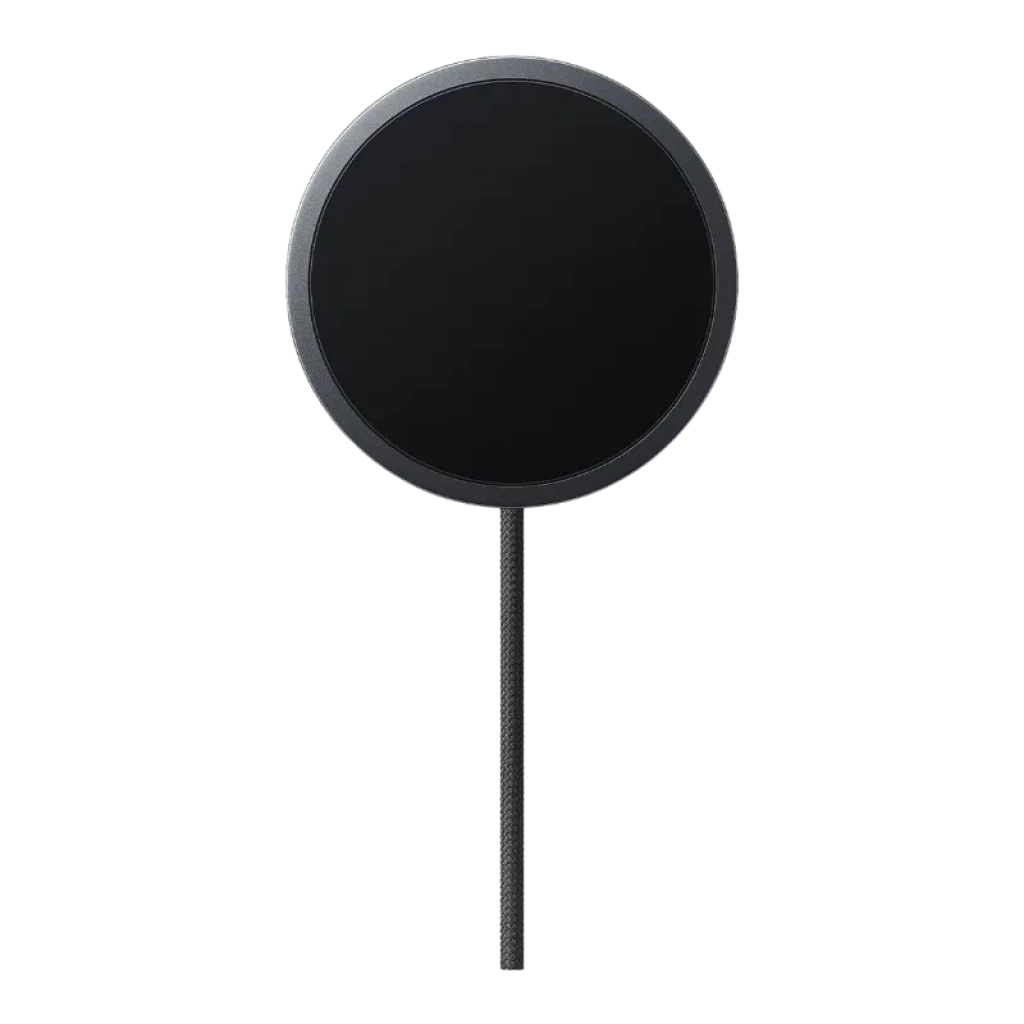 Carregador sem fios Samsung EP-P2900BBE cinzento escuro 25 W com superfície circular preta e cabo trançado