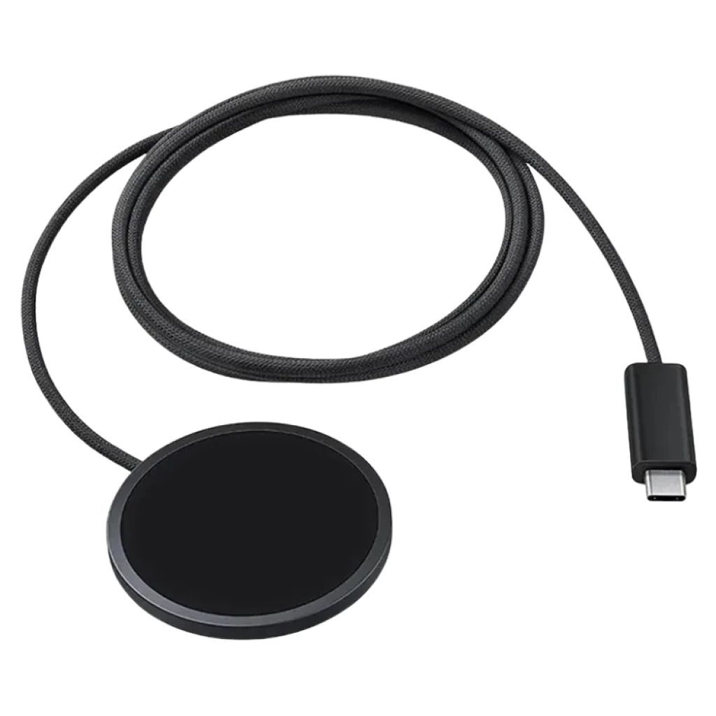 Base de carga inalámbrica magnética negra con cable trenzado largo y conector USB‑C, diseño compacto y minimalista para carga rápida Samsung EP-P2900TBE
