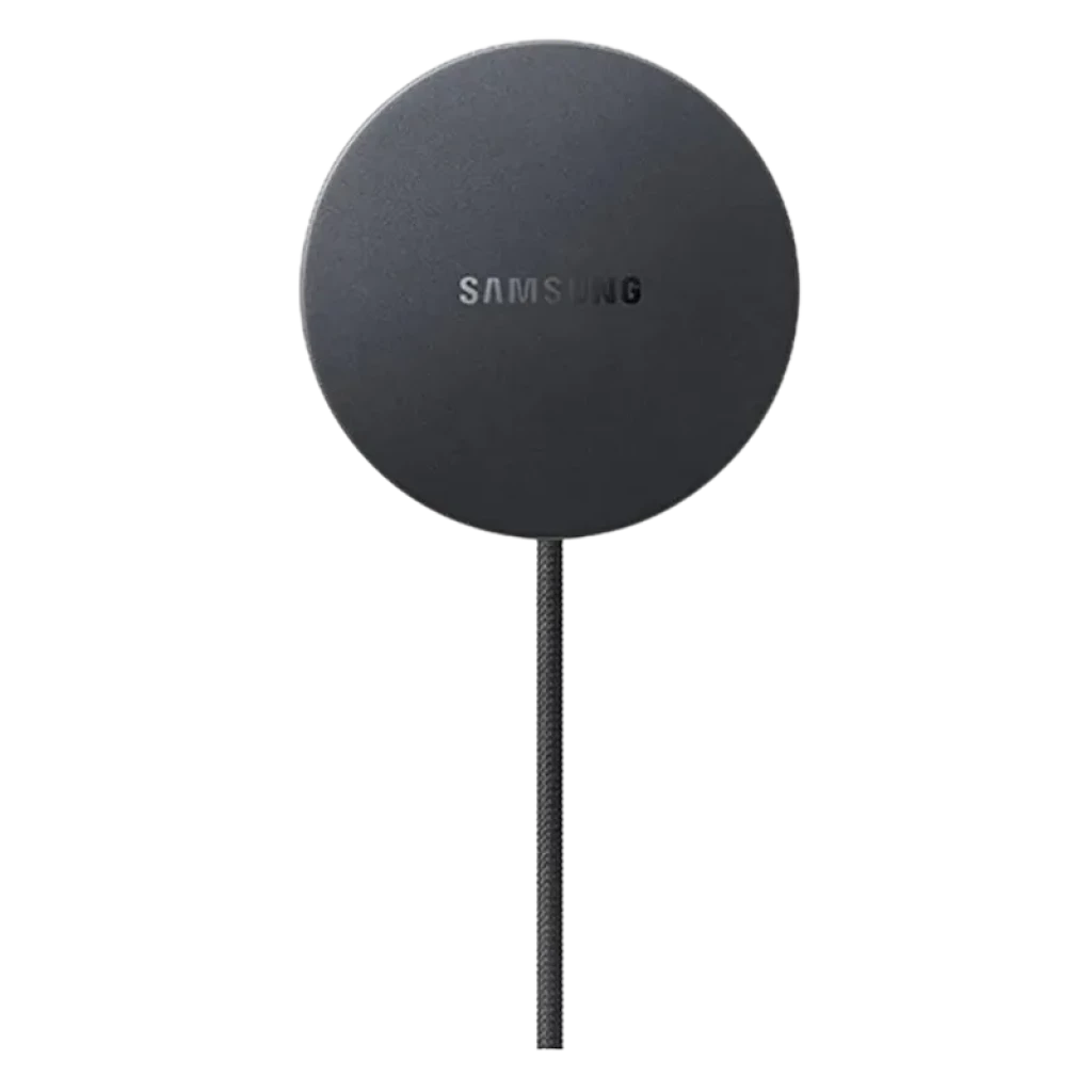 Base de carga inalámbrica Samsung EP-P2900TBE circular en negro, superficie antideslizante, cable trenzado integrado