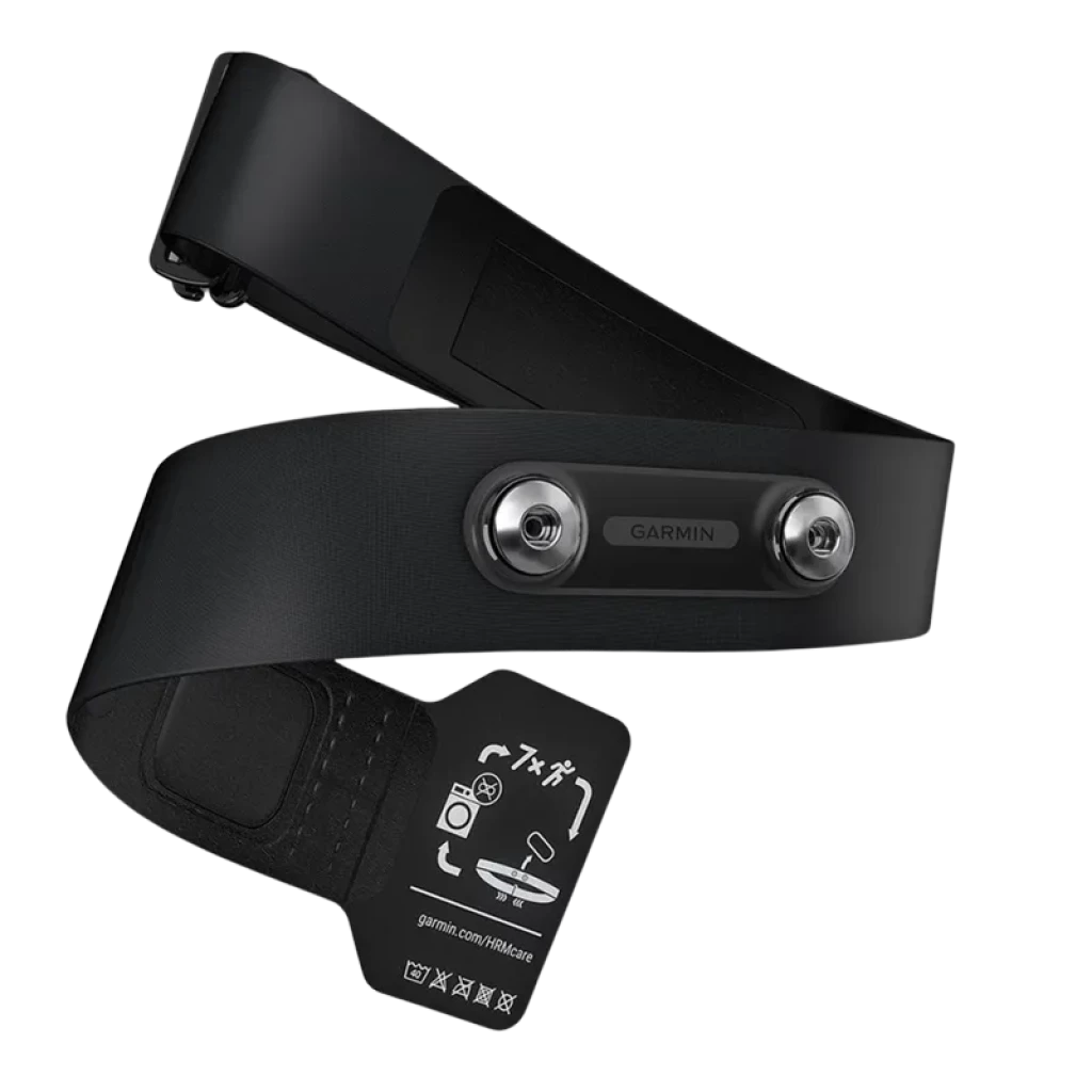 Correa pectoral negra XS-S con sensor frontal Garmin HRM 600, broches metálicos, banda elástica ajustable y etiqueta con iconos de cuidado y carga