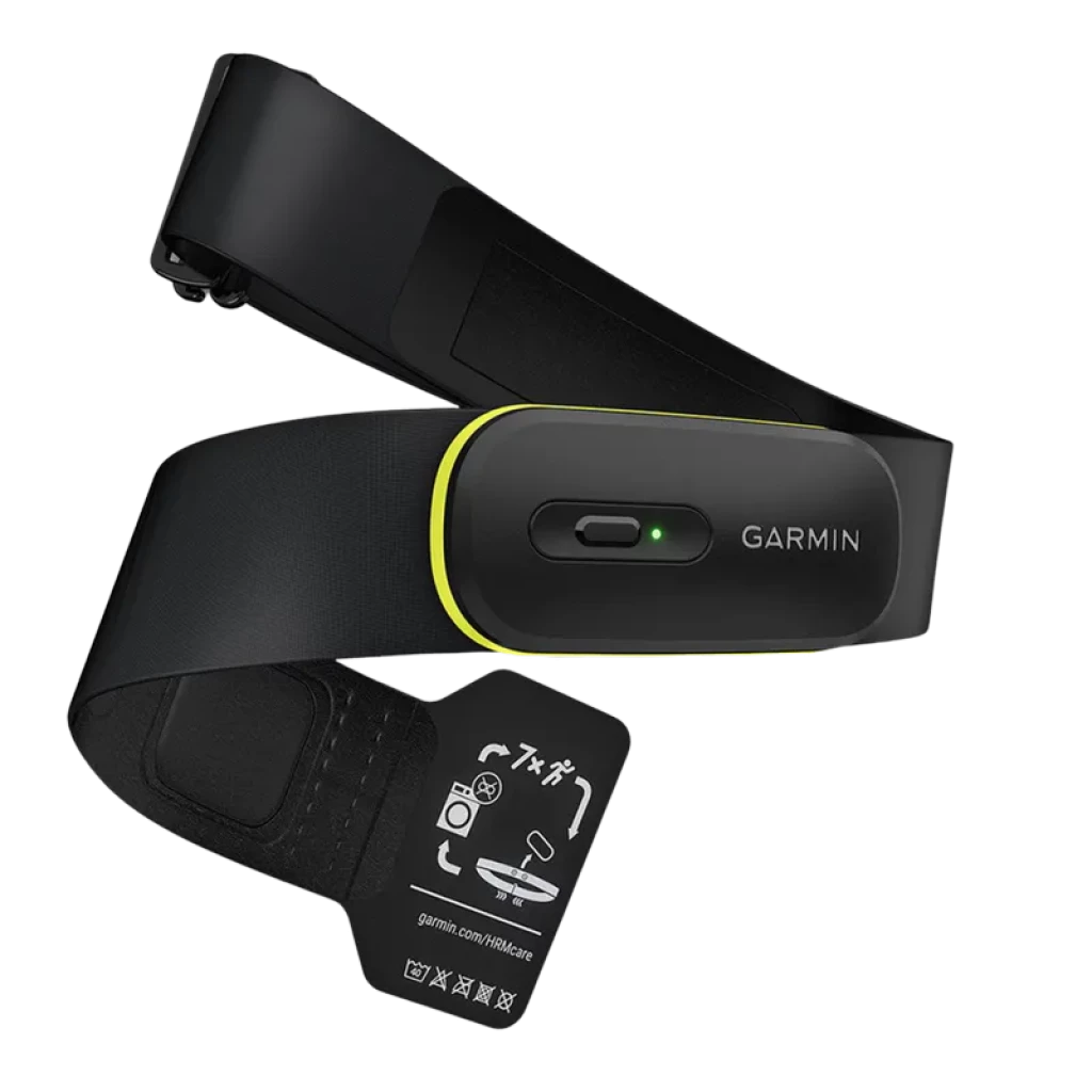 Garmin HRM 600 XS-S: banda pectoral negra con sensor frontal negro y borde verde, indicador LED, correa ajustable con cierre de velcro y puerto de carga