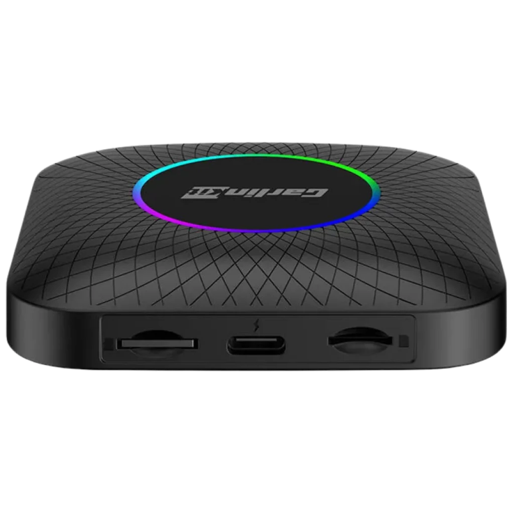 Carlinkit TBOX-Plus negro compacto con tapa texturizada, aro LED multicolor, ranuras para tarjetas a ambos lados y puerto USB-C frontal