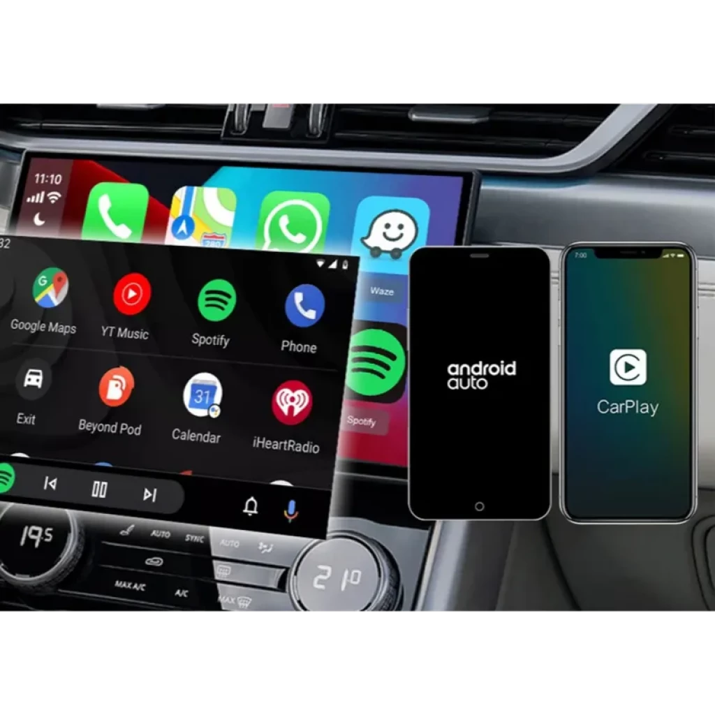 Carlinkit TBOX-Plus 8+128GB con Android 13; interfaz Android Auto y CarPlay en pantalla del coche, mostrando apps como Maps, Spotify y Waze con controles