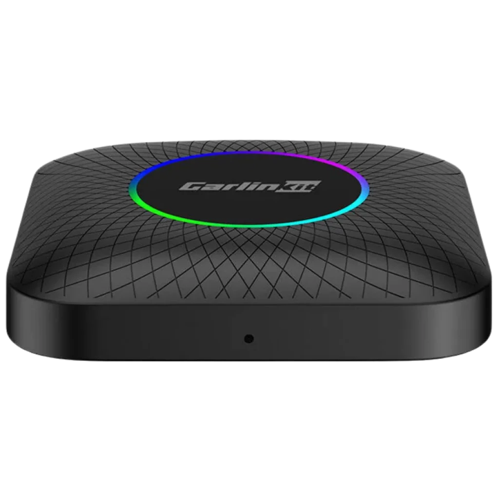 Carlinkit TBOX-Plus negro, compacto y cuadrado con bordes redondeados, textura geométrica en la tapa y aro LED multicolor alrededor del logotipo central