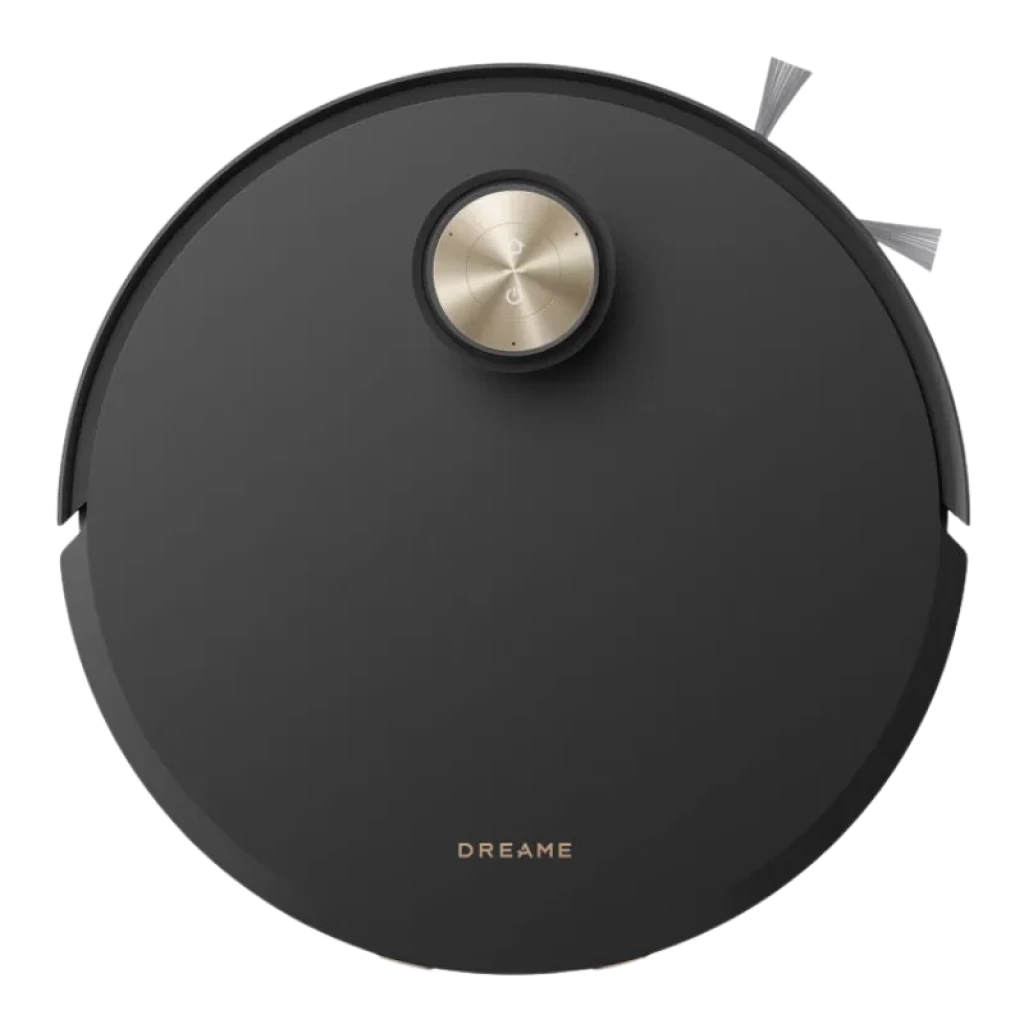 Robot aspirador Dreame Aqua 10 Roller Negro, diseño circular mate con dial metálico central, cepillos laterales y logotipo Dreame en dorado