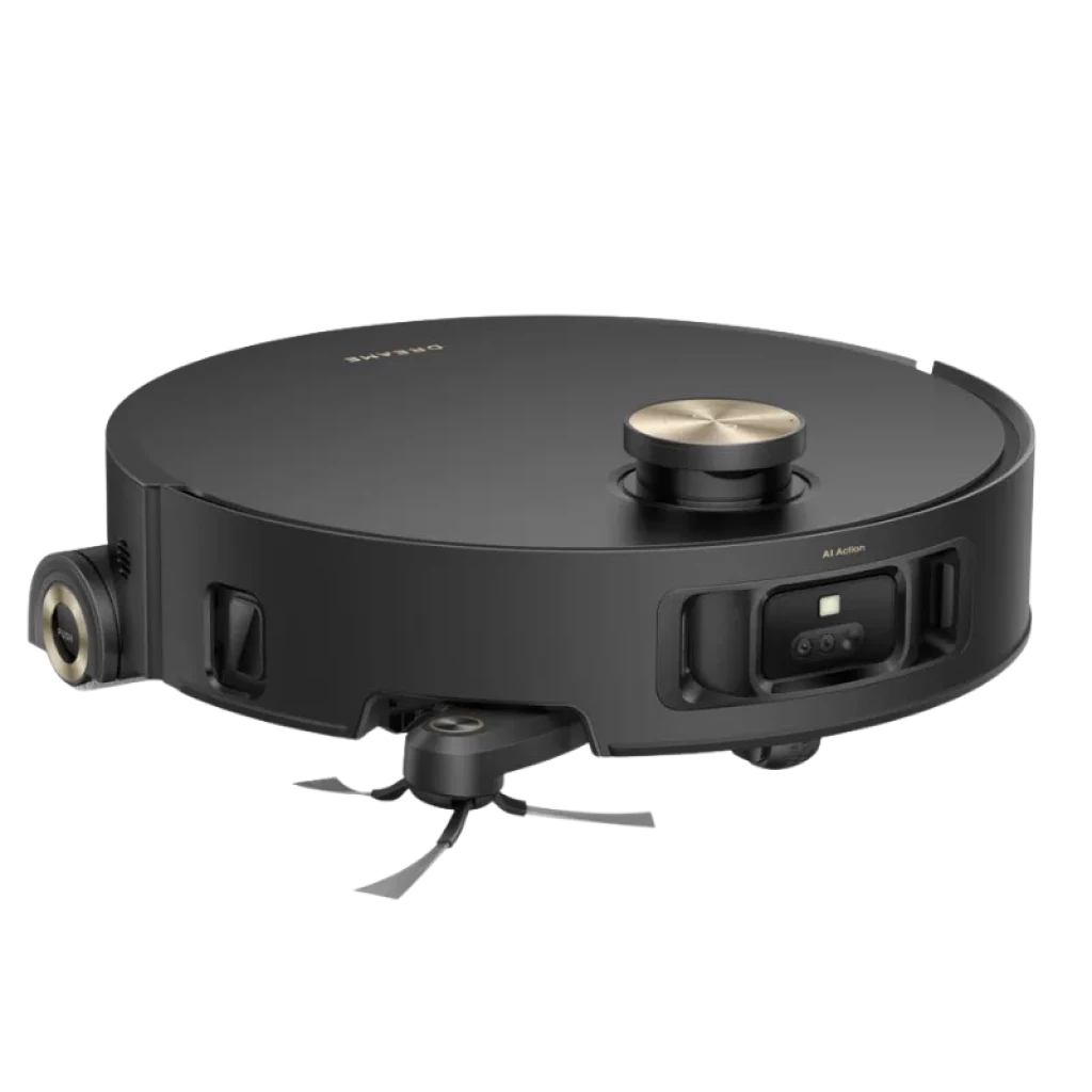 Robot aspirador Dreame Aqua 10 Roller Negro, diseño circular negro mate con torre LiDAR dorada, sensores frontales y cepillo lateral