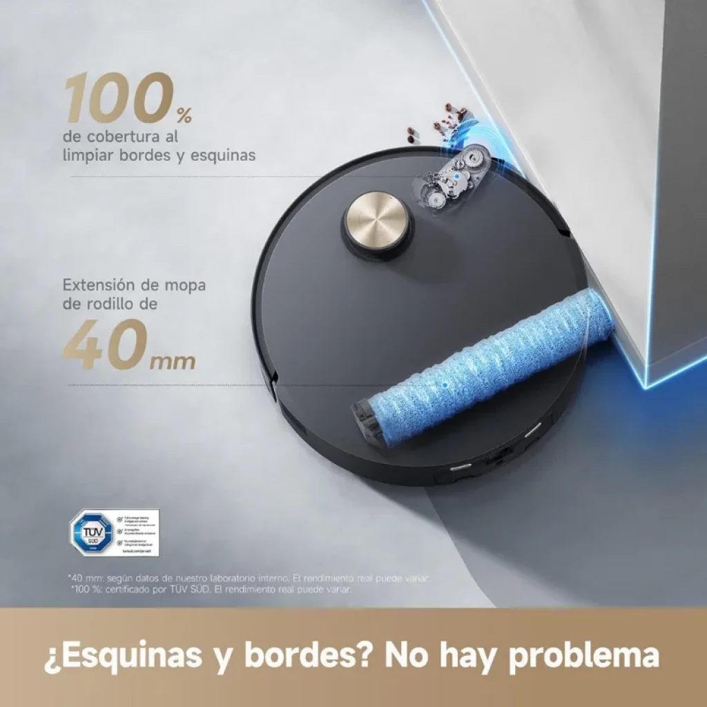 Dreame Aqua 10 Roller Negro: robot aspirador circular con rodillo de mopa azul de 40 mm, módulo superior dorado y cepillos laterales