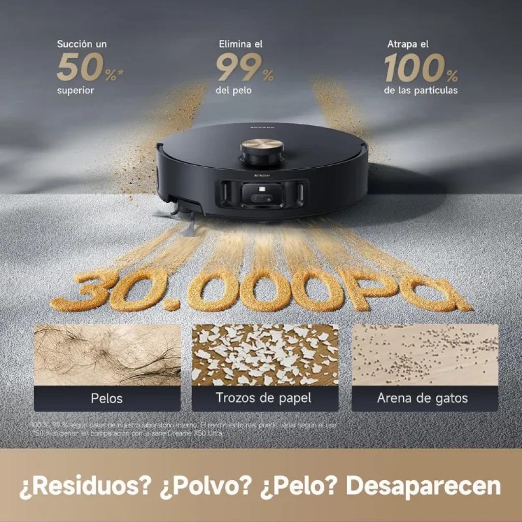 Dreame Aqua 10 Roller Negro, robot aspirador 30000 Pa con depósito 3,2 L; módulo frontal con cámara y sensores, diseño circular mate y tapa superior central