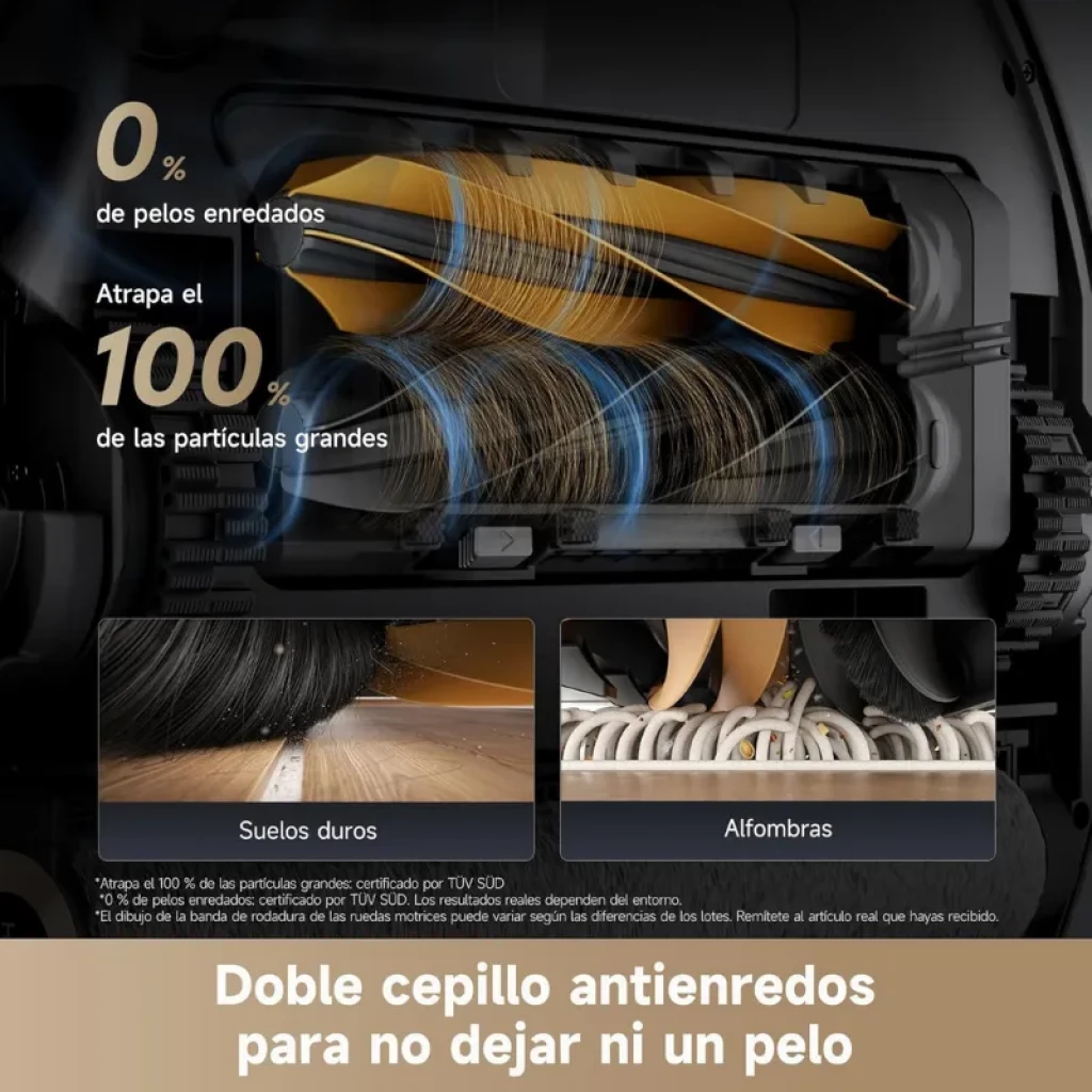 Dreame Aqua 10 Roller Negro: módulo de doble cepillo anti-enredos con cerdas doradas y goma, captura partículas grandes en suelos duros y alfombras