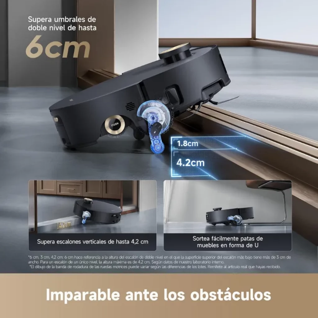 Chasis elevado del Dreame Aqua 10 superando obstáculos