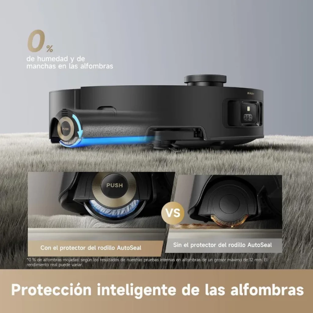 Dreame Aqua 10 Roller Negro: robot aspirador negro con rodillo AutoSeal, luz azul en el cepillo, depósito 3,2 L, potencia 30000 Pa y protección de alfombras