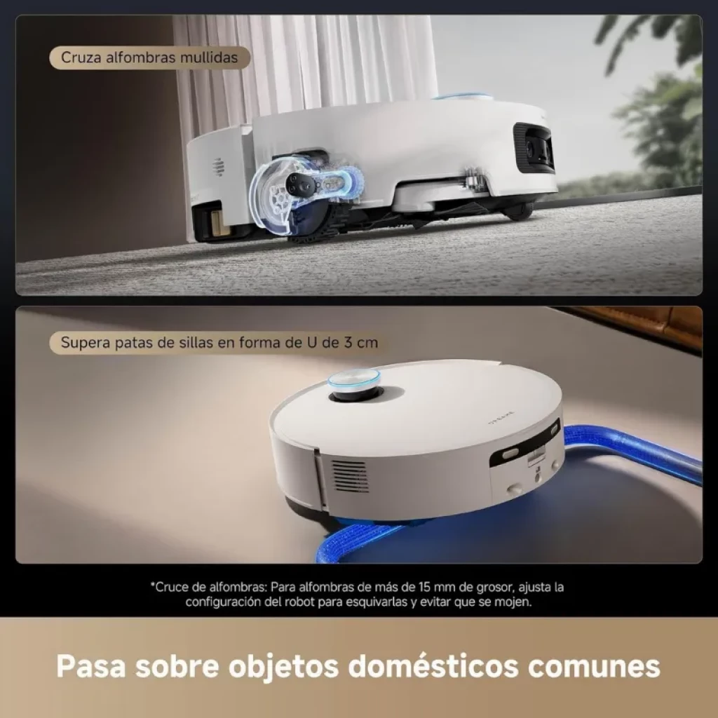 Dreame Aqua10 Ultra Track Blanco con base de autolimpieza, succión 25000 Pa, cruza alfombras mullidas y supera patas de silla en U de 3 cm