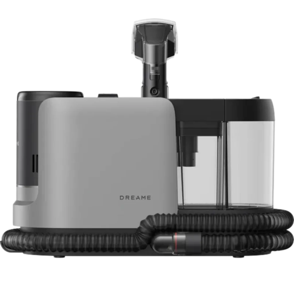 Base de carga Dreame H15 Mix en gris con depósito de agua transparente, filtro visible y manguera negra enrollada; diseño compacto y moderno 18.000 Pa
