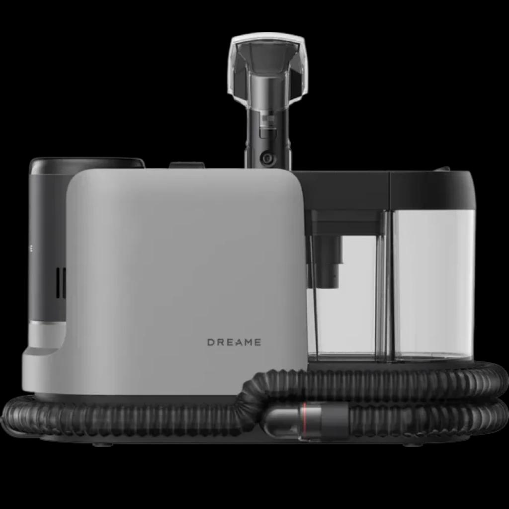 Base de carga Dreame H15 Mix en gris con depósito de agua transparente, filtro visible y manguera negra enrollada; diseño compacto y moderno 18.000 Pa