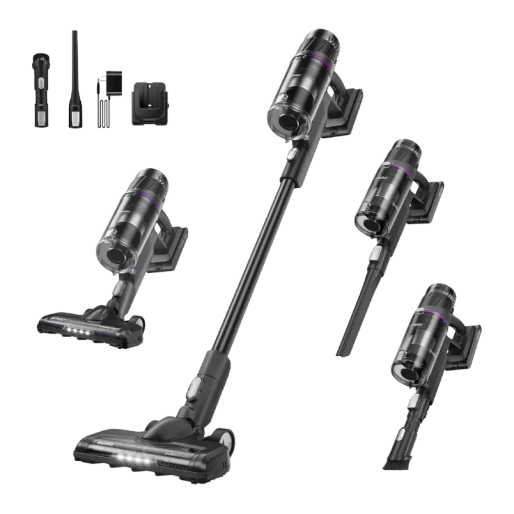 EUREKA NEC520 20300 Pa con filtrado en 5 etapas; aspiradora de escoba negra con luces LED, tubo extensible y accesorios: mini cepillo, boquilla y base de carga