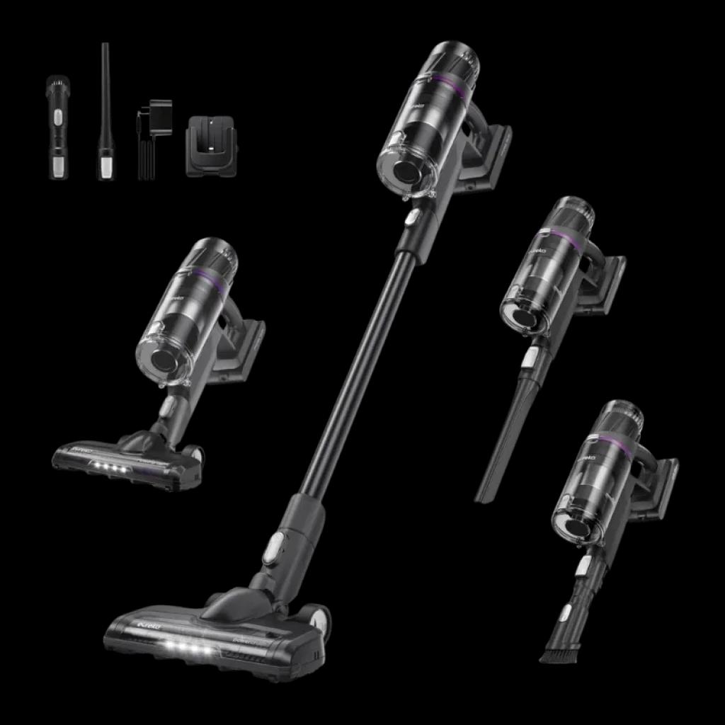 EUREKA NEC520 20300 Pa con filtrado en 5 etapas; aspiradora de escoba negra con luces LED, tubo extensible y accesorios: mini cepillo, boquilla y base de carga