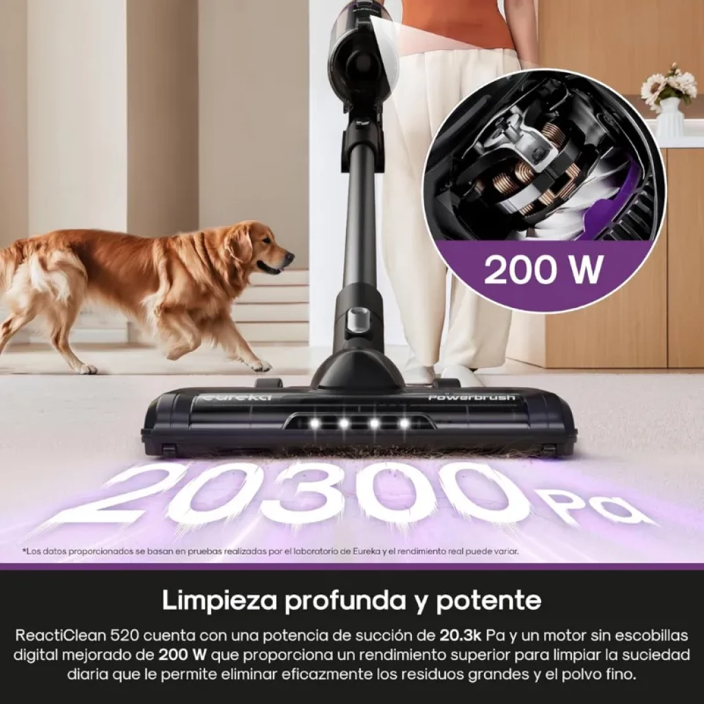 EUREKA NEC520 20300 Pa con cabezal motorizado LED, succión potente y motor de 200 W; diseño vertical, filtro de 5 etapas y cepillo para alfombras y pisos