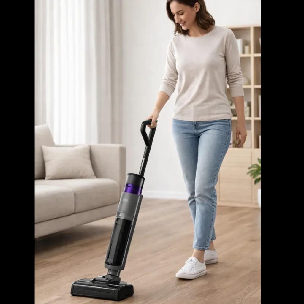 Mujer usando aspiradora sin cable Eureka New 480 GX6 en suelo de madera; diseño 2 en 1 vertical, depósito visible, cabezal ancho y acabado negro con detalles