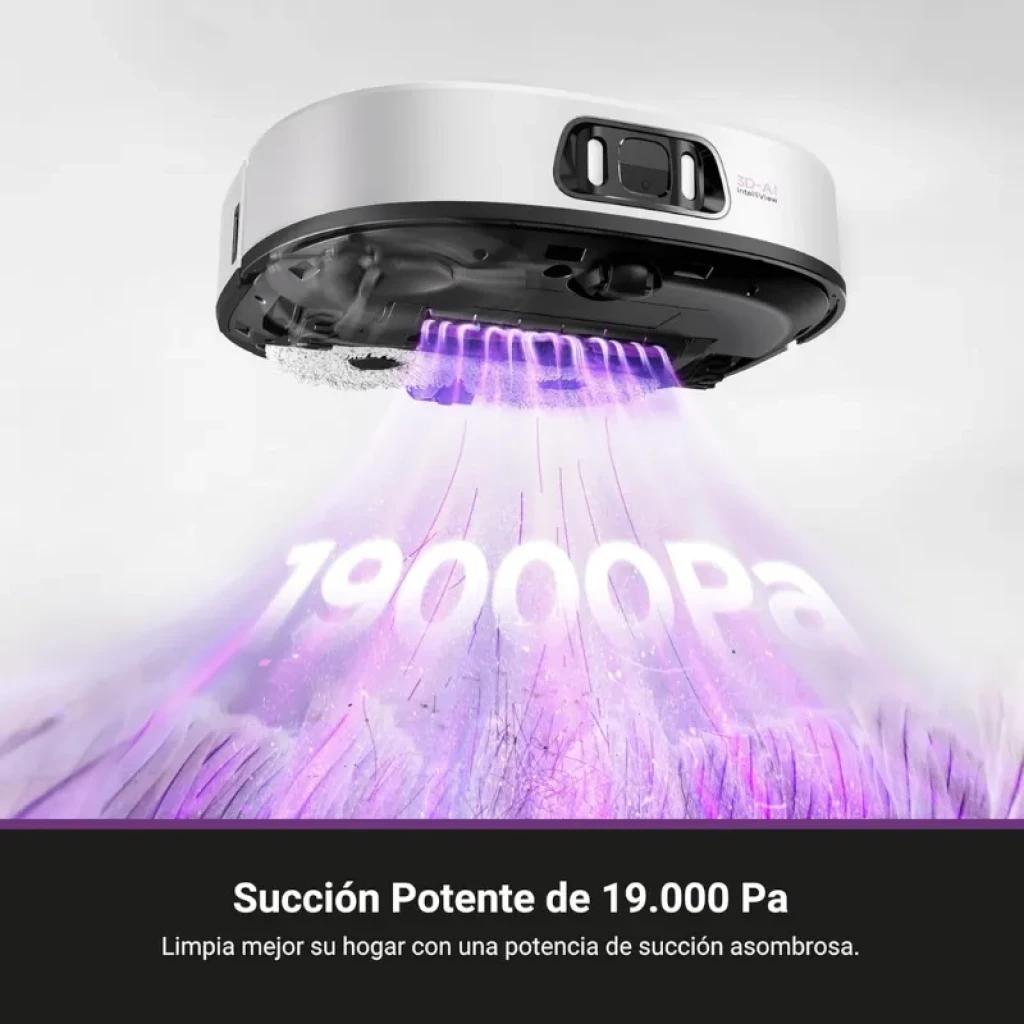 Robot aspirador blanco con sensores frontales y luz morada que ilustra succión 19000 Pa; diseño bajo y bordes redondeados, mensaje de succión potente en