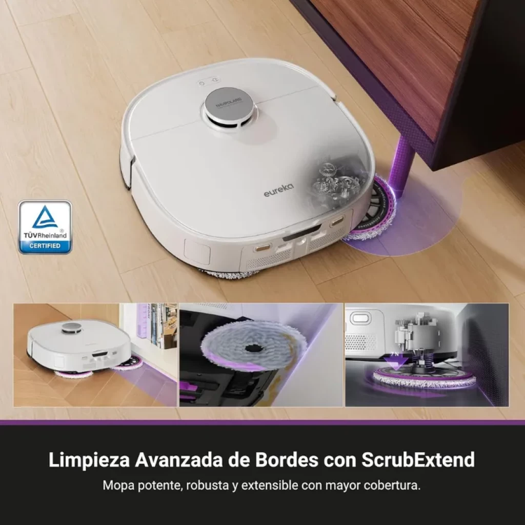 Robot aspirador blanco con módulo láser superior, mopa extensible ScrubExtend para bordes, cepillos giratorios y base frontal; diseño cuadrado para esquinas
