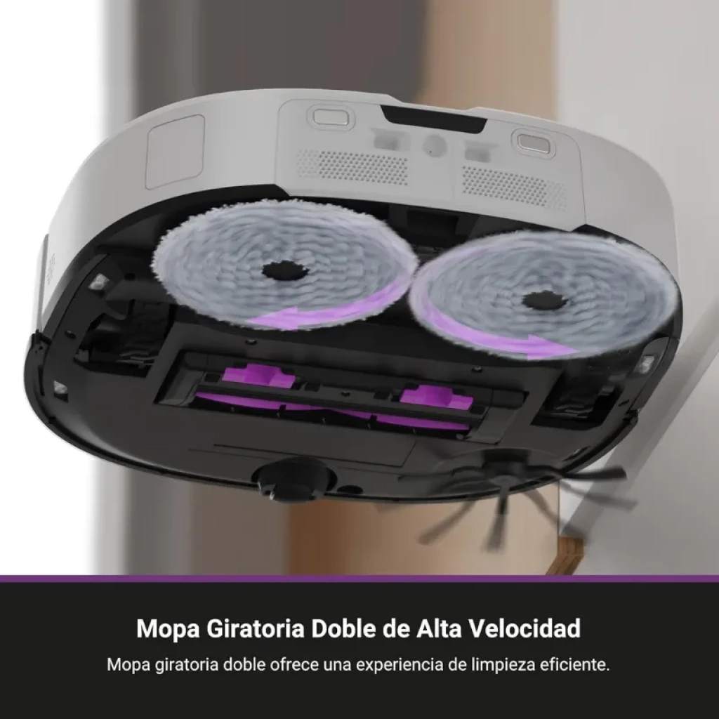 EUREKA J15 Ultra 19000 Pa con dos mopas giratorias de alta velocidad, cepillo lateral y base inferior visible; limpieza eficiente con navegación láser y voz