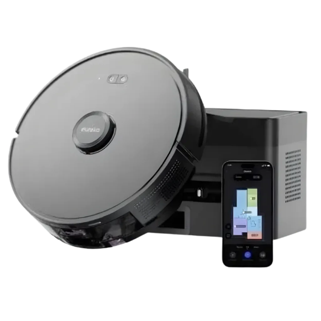 EUREKA N6 PLUS robot aspirador negro con base de autovaciado gris, potencia 5000 Pa, diseño circular con tapa superior y control desde app en smartphone