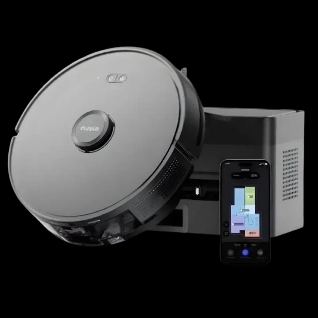 EUREKA N6 PLUS robot aspirador negro con base de autovaciado gris, potencia 5000 Pa, diseño circular con tapa superior y control desde app en smartphone
