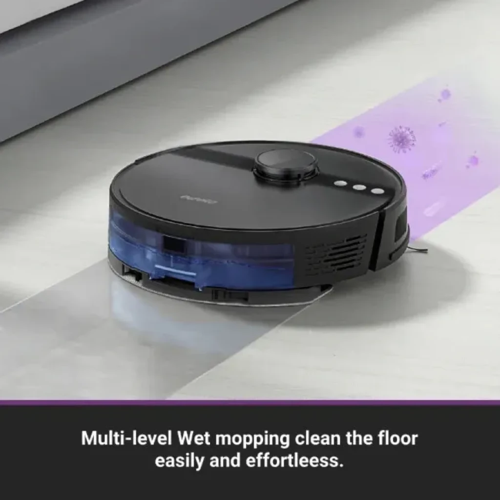 EUREKA N6 PLUS con base de autovaciado 5000 Pa, robot aspirador negro con mopa húmeda multinivel, cepillo lateral y depósito azul translúcido en acción