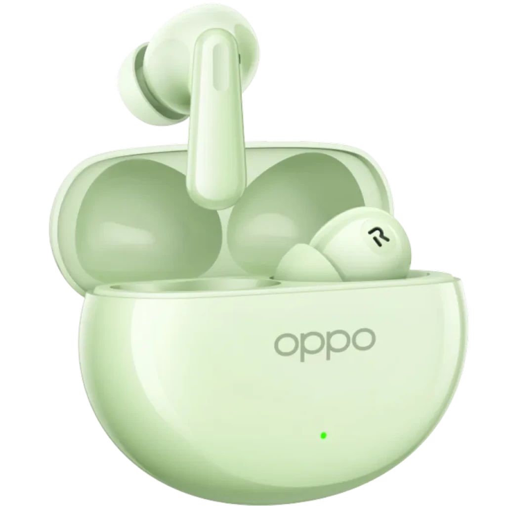 OPPO Enco Air4 ANC 32dB en Verde Menta con estuche ovalado brillante, luz LED frontal y auriculares intrauditivos con vástago corto y ajuste ergonómico