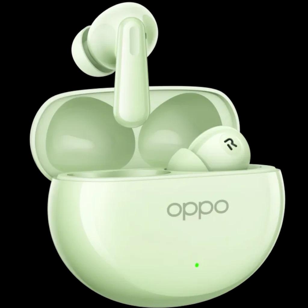 OPPO Enco Air4 ANC 32dB en Verde Menta con estuche ovalado brillante, luz LED frontal y auriculares intrauditivos con vástago corto y ajuste ergonómico