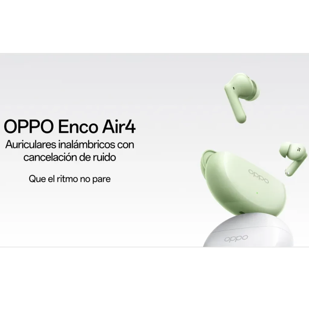 Auriculares Bluetooth OPPO Enco Air4 en verde menta con estuche ovalado, diseño in-ear con vástago corto y almohadillas, cancelación de ruido y autonomía