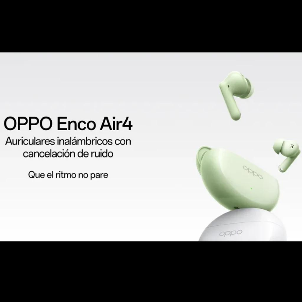 Auriculares Bluetooth OPPO Enco Air4 en verde menta con estuche ovalado, diseño in-ear con vástago corto y almohadillas, cancelación de ruido y autonomía