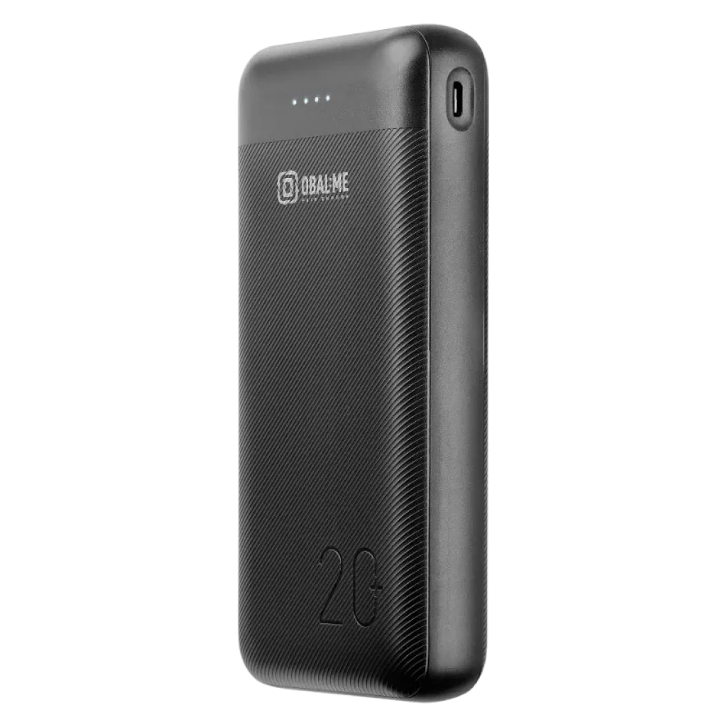 OBAL ME PowerNest Preto 20000mAh powerbank compacto com textura antiderrapante, indicador LED de carga e porta lateral, número 20 gravado na carcaça