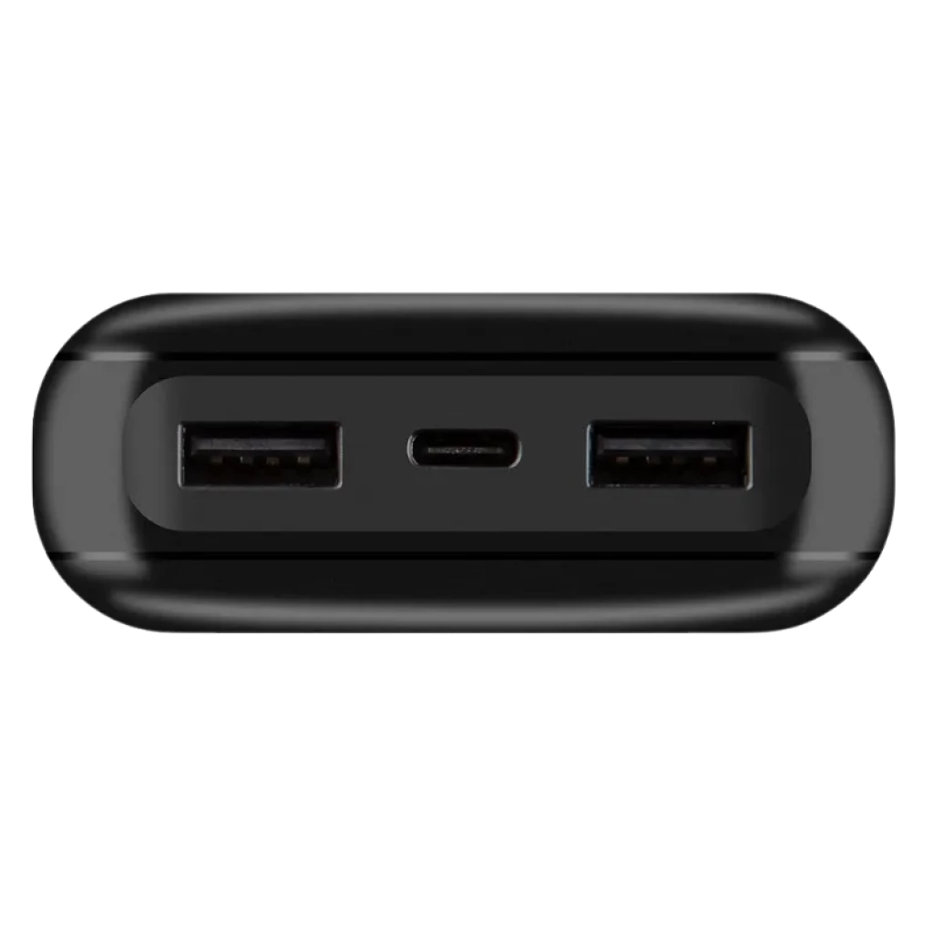 OBAL ME PowerNest Noir 20000mAh powerbank avec finition brillante, deux ports USB-A et un port USB-C central, design compact et bords arrondis