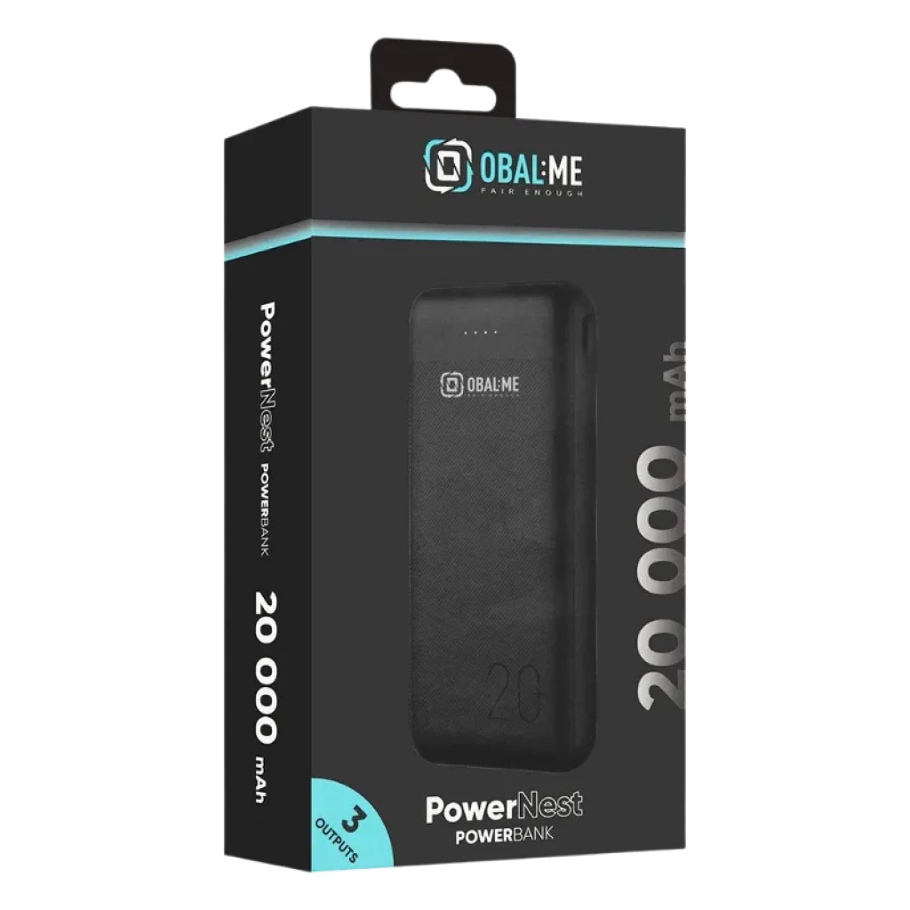 OBAL ME PowerNest Noir 20000mAh powerbank dans un boîtier noir avec des détails turquoise, 3 sorties, indicateur LED de charge et design compact avec texture