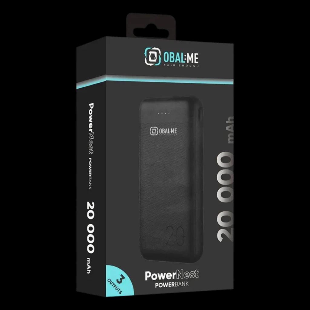 OBAL ME PowerNest Noir 20000mAh powerbank dans un boîtier noir avec des détails turquoise, 3 sorties, indicateur LED de charge et design compact avec texture