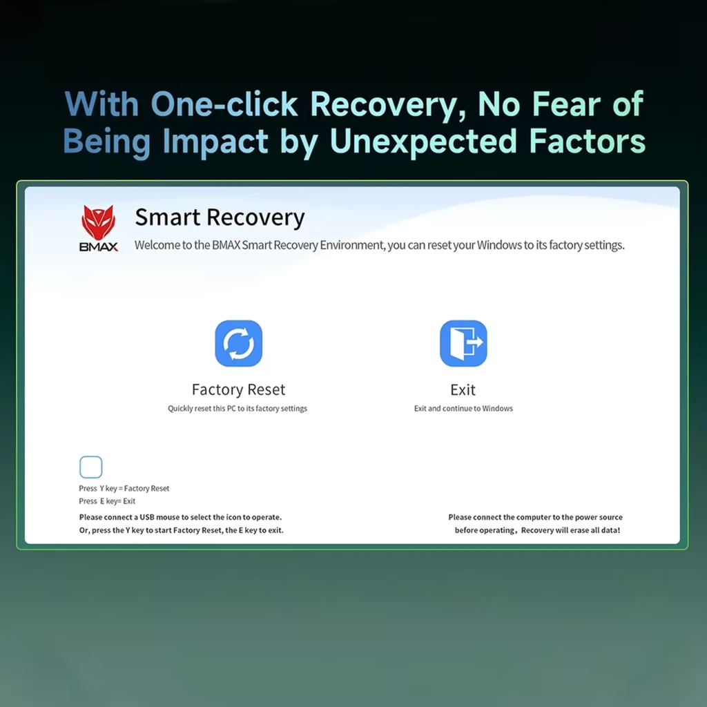 Écran Smart Recovery BMAX affichant options Factory Reset et Exit, interface claire en bleu et blanc, bouton Start, instructions pour réinitialiser Windows