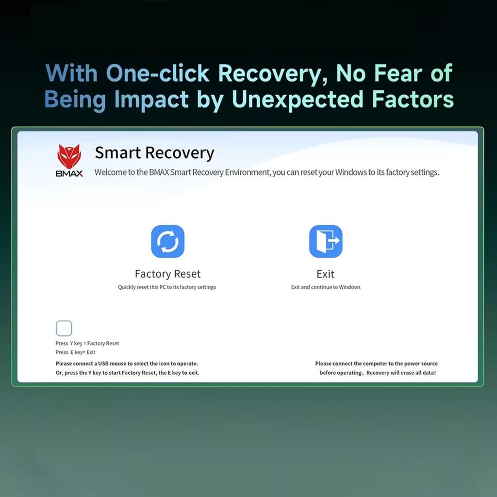 Écran Smart Recovery BMAX affichant options Factory Reset et Exit, interface claire en bleu et blanc, bouton Start, instructions pour réinitialiser Windows