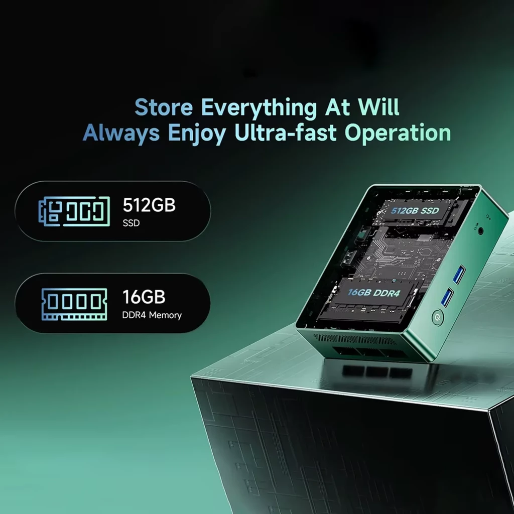 Mini PC BMAX B6 Turbo compact, boîtier vert métallisé, ports USB 3.0 latéraux, indicateur 512GB SSD et 16GB DDR4, design moderne sur fond dégradé