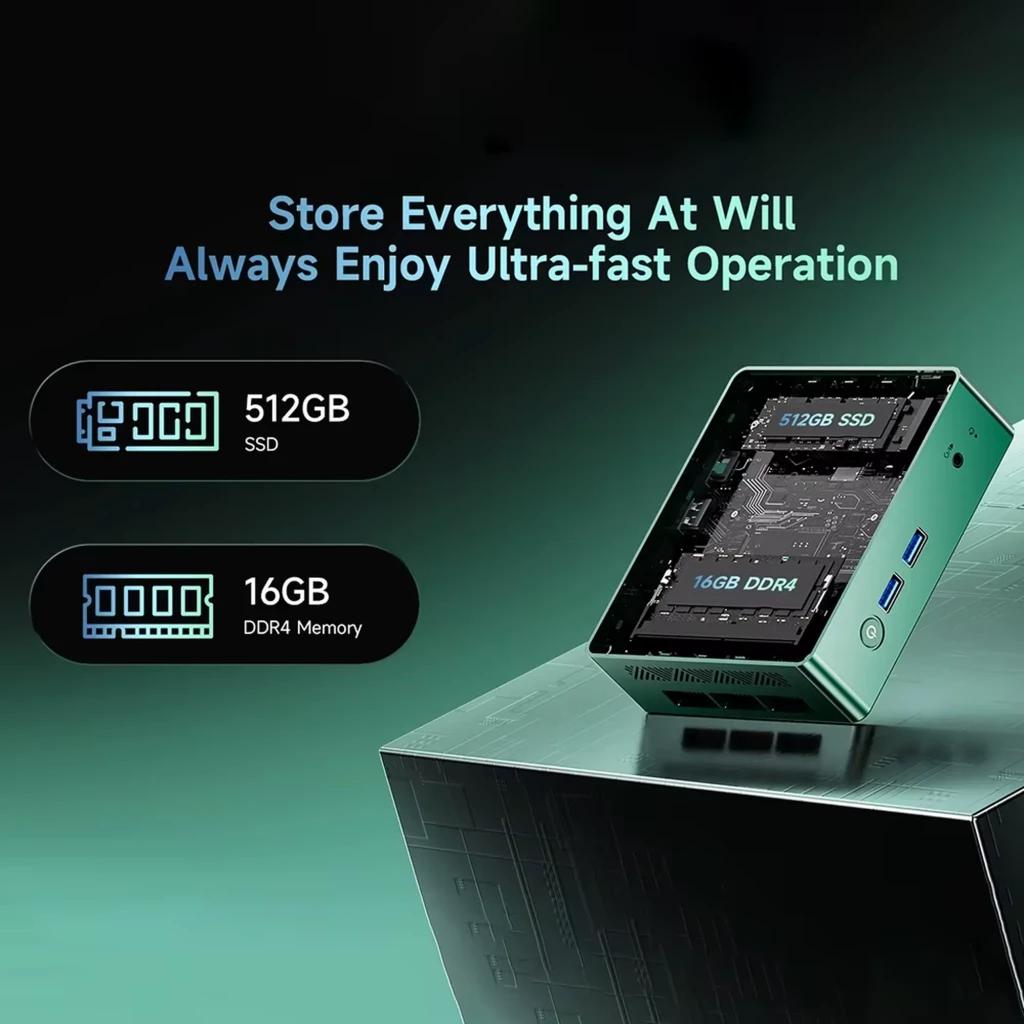 Mini PC BMAX B6 Turbo compact, boîtier vert métallisé, ports USB 3.0 latéraux, indicateur 512GB SSD et 16GB DDR4, design moderne sur fond dégradé