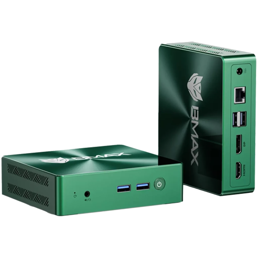 Mini PC BMAX B6 Turbo vert, boîtier compact métal, ports USB en façade, USB et HDMI latéraux, bouton d’alimentation, logo BMAX gravé