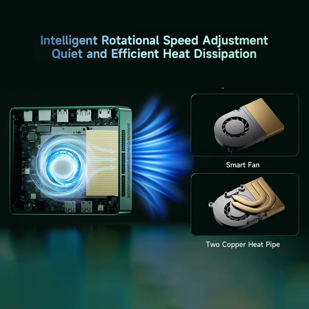 Ventilateur intelligent et deux caloducs en cuivre du BMAX B6 Turbo assurant un refroidissement silencieux et efficace pour ce mini PC compact