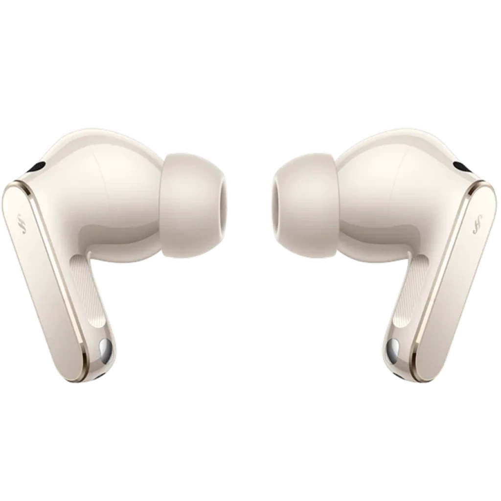 Auriculares Huawei FreeBuds Pro 5 Arena en beige, diseño in-ear con puntas de silicona, vástagos pulidos con detalles dorados y puertos de micrófono