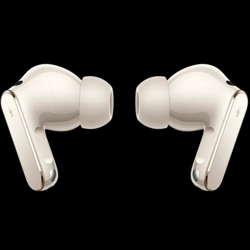 Auriculares Huawei FreeBuds Pro 5 Arena en beige, diseño in-ear con puntas de silicona, vástagos pulidos con detalles dorados y puertos de micrófono