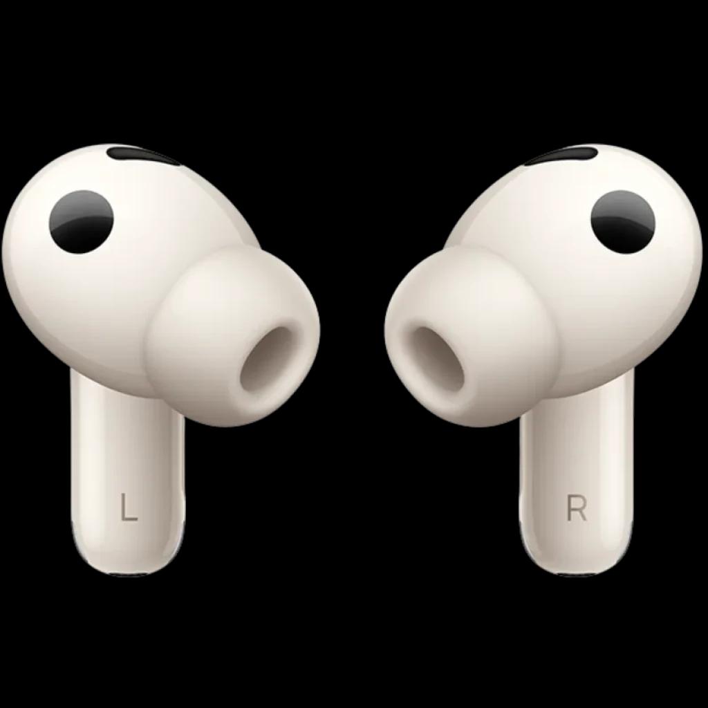 Huawei FreeBuds Pro 5 Arena en color arena, diseño intraaural con almohadillas de silicona, micrófonos visibles y marcas L y R en los vástagos