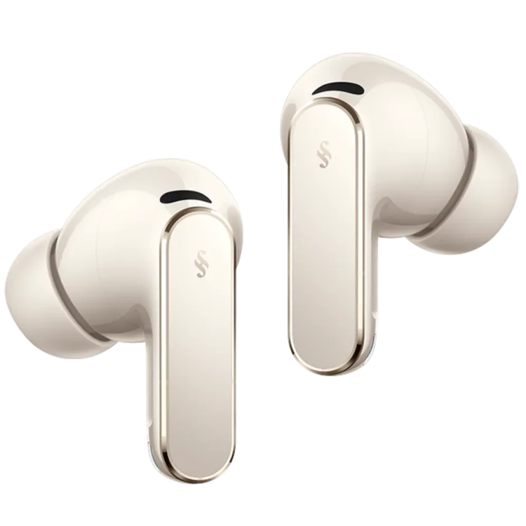 Auriculares Huawei FreeBuds Pro 5 Arena en color beige con acabado brillante, diseño intrauditivo con almohadillas de silicona y vástagos rectos elegantes