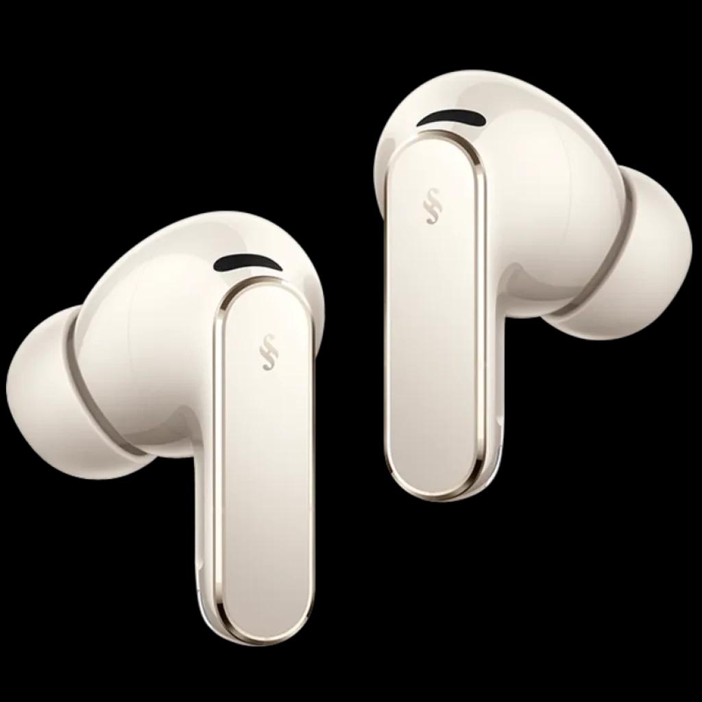 Auriculares Huawei FreeBuds Pro 5 Arena en color beige con acabado brillante, diseño intrauditivo con almohadillas de silicona y vástagos rectos elegantes